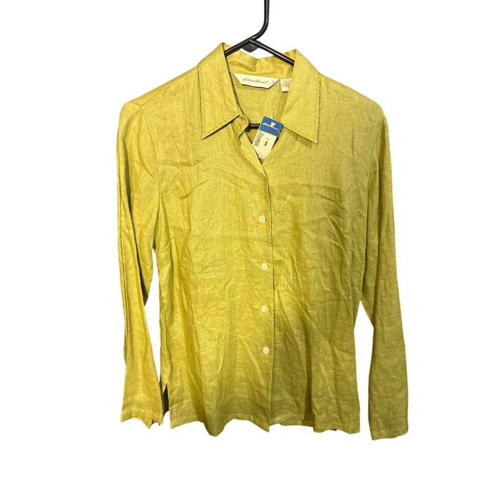 Eddie Bauer Womens Small Light Green Linen Button-Up Shirt With Embroidered Coll